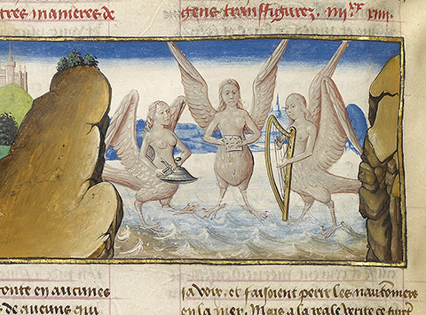 <em>Skylla and Sirens</em>, from <em>Mirror of History</em> (text in French), Ghent, about 1475, tempera colors, gold leaf, and gold paint on parchment. The J. Paul Getty Museum